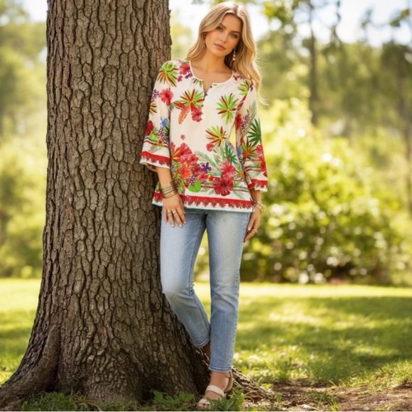 Suzanne Betro Tropical 3/4 Sleeve Top Size Small - Picture 4 of 11